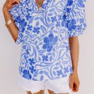 Dark Blue Floral Print Ruffled Bubble Sleeve Blouse