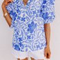 Dark Blue Floral Print Ruffled Bubble Sleeve Blouse