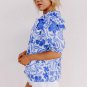 Dark Blue Floral Print Ruffled Bubble Sleeve Blouse