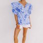 Dark Blue Floral Print Ruffled Bubble Sleeve Blouse