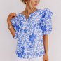 Dark Blue Floral Print Ruffled Bubble Sleeve Blouse