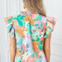 Green Frilly Ruffle Tie Split Neck Summer Floral Blouse