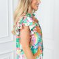 Green Frilly Ruffle Tie Split Neck Summer Floral Blouse