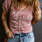 Pink Floral Short Puff Sleeve V Neck Ruched Blouse