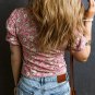 Pink Floral Short Puff Sleeve V Neck Ruched Blouse