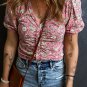 Pink Floral Short Puff Sleeve V Neck Ruched Blouse