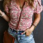 Pink Floral Short Puff Sleeve V Neck Ruched Blouse