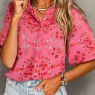 Rose Red Floral Print Wide Short Sleeve Loose Shirt