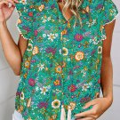 Green Lace Trim Flutter Sleeve Tropical Floral Blouse