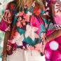 Rose Red Floral Print Puff Sleeve Notched V Neck Blouse