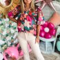 Rose Red Floral Print Puff Sleeve Notched V Neck Blouse