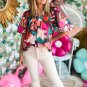 Rose Red Floral Print Puff Sleeve Notched V Neck Blouse