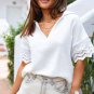 White Crinkled Lace Splicing Sleeve Collared V Neck Blouse