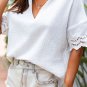 White Crinkled Lace Splicing Sleeve Collared V Neck Blouse