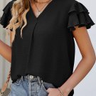 Black V Neck Ruffle Short Sleeve Blouse