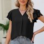 Black V Neck Ruffle Short Sleeve Blouse