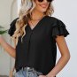 Black V Neck Ruffle Short Sleeve Blouse