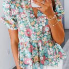 Multicolour Notched Neck Puff Short Sleeve Floral Blouse
