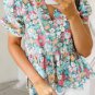 Multicolour Notched Neck Puff Short Sleeve Floral Blouse