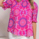 Rose Floral Print Frilled Neck Smocked Puff Sleeve Blouse