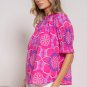 Rose Floral Print Frilled Neck Smocked Puff Sleeve Blouse