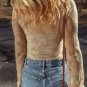 Apricot Lace Mesh Crochet Splicing Slim Fit Long Sleeve Blouse