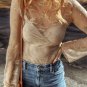 Apricot Lace Mesh Crochet Splicing Slim Fit Long Sleeve Blouse