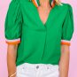 Bright Green Colorful Trim V Neck Short Sleeve Blouse