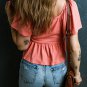 Tomato Red Shirred V Neck Short Flutter Sleeve Textured Blouse