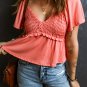 Tomato Red Shirred V Neck Short Flutter Sleeve Textured Blouse