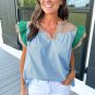 Mist Blue Colorblock Ruffled Sleeve Frill V Neck Blouse