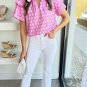 Pink Vintage Floral Ruffled Split Neck Short Sleeve Blouse