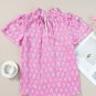 Pink Vintage Floral Ruffled Split Neck Short Sleeve Blouse