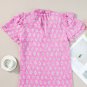 Pink Vintage Floral Ruffled Split Neck Short Sleeve Blouse