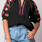 Black Floral Embroidered Ricrac Puff Sleeve Textured Blouse