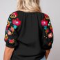 Black Floral Embroidered Ricrac Puff Sleeve Textured Blouse
