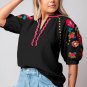 Black Floral Embroidered Ricrac Puff Sleeve Textured Blouse