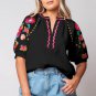 Black Floral Embroidered Ricrac Puff Sleeve Textured Blouse
