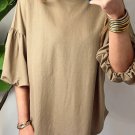 Light French Beige Solid Color Lantern Sleeve Drop Shoulder Blouse