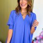 Dark Blue Boxy Collared Smocked Sleeve Cuffs Blouse
