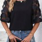 Black Contrast Applique Mesh Half Sleeve Blouse