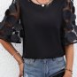 Black Contrast Applique Mesh Half Sleeve Blouse