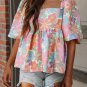 Pink Floral Puff Sleeve Square Neck Babydoll Blouse