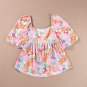 Pink Floral Puff Sleeve Square Neck Babydoll Blouse