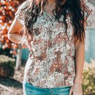 Khaki V Neck Short Sleeve Fashion Print Fantasy Fluttering Blouse