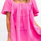 Bright Pink Textured Square Neck Flutter Sleeve Tiered Flowy Blouse