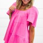 Bright Pink Textured Square Neck Flutter Sleeve Tiered Flowy Blouse