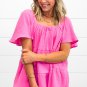 Bright Pink Textured Square Neck Flutter Sleeve Tiered Flowy Blouse
