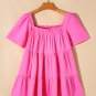 Bright Pink Textured Square Neck Flutter Sleeve Tiered Flowy Blouse