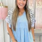 Iceland Blue Leopard Ruffled Patchwork Sleeve V Neck Blouse